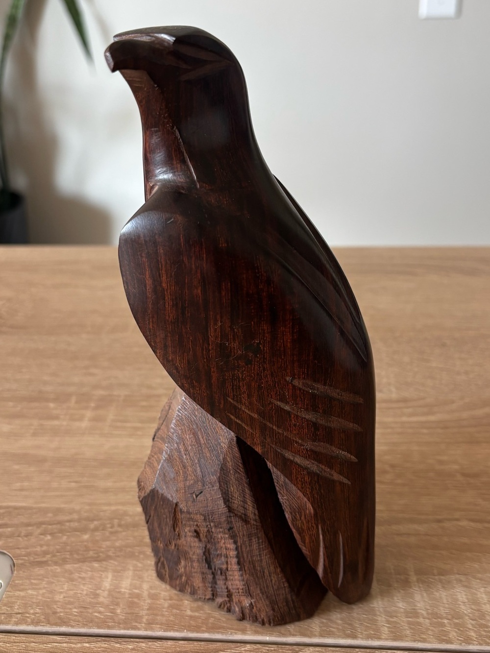 Vintage Handcrafted Dark Brown Solid Wood Bird Figurine - Eagle / Hawk
